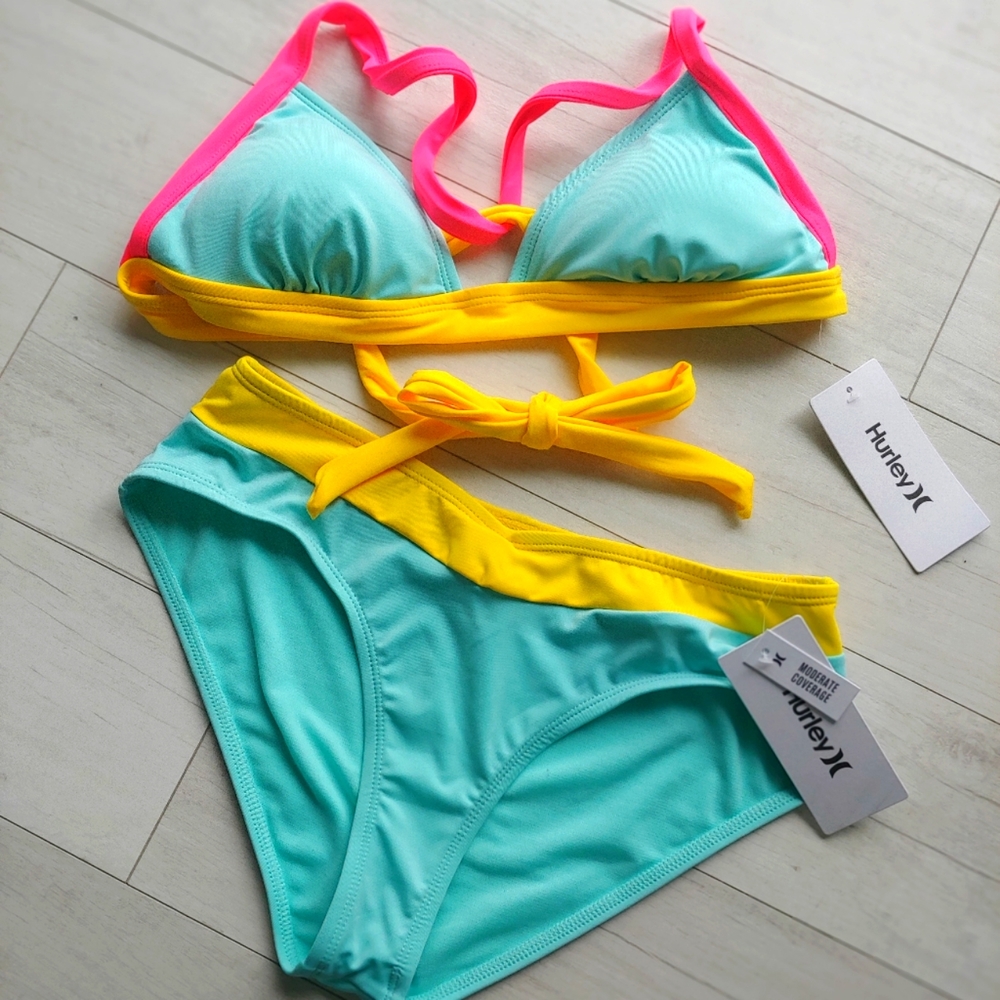 HURLEY NEW Color Block Triangle Bikini Top & V Bottoms